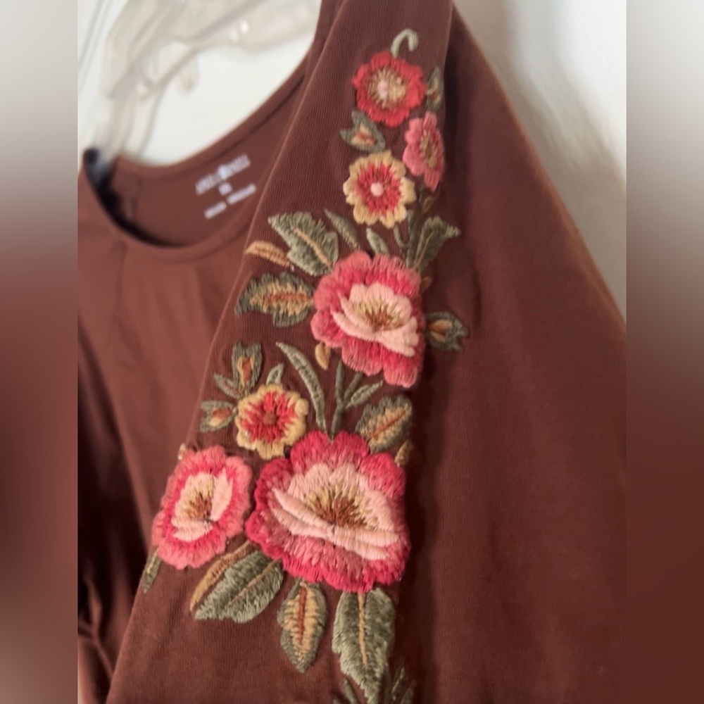 April Cornell Chocolate Brown Top with Floral Embroidery Cotton Blend XXL New
